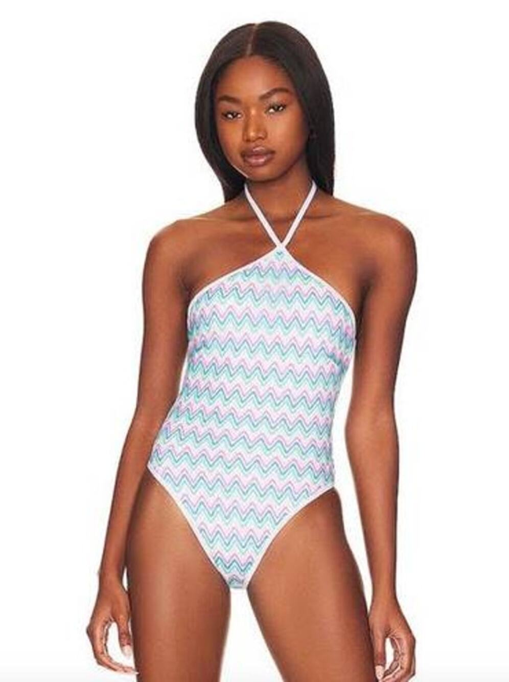 New L Space Mirabella One Piece Swimsuit Classic Blue Chevron Halter Sz S